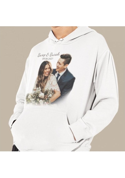 Kişiye Özel Fotoğraf Baskılı Cepli, Kapşonlu Beyaz Unisex Sweats Çok Renkli