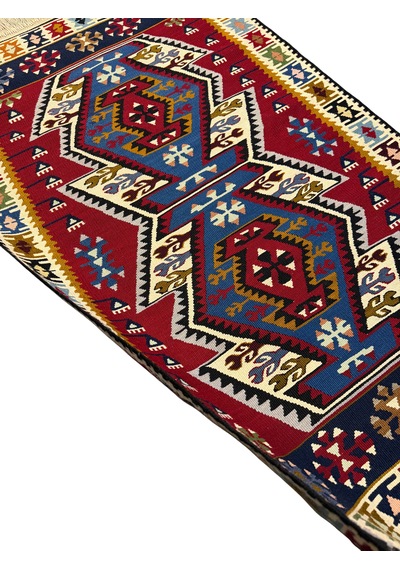 El Dokuma Sıfır Yahyalı Kilim 100x165 Kırmızı Mavi %100 Yün Kök Boya Mavi