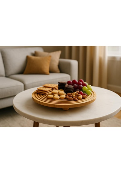 Bambu Dekoratif Top Ayaklı Yuvarlak Sunum Tabağı, Servis Tabağı, 28 X 28 Cm 1 Adet