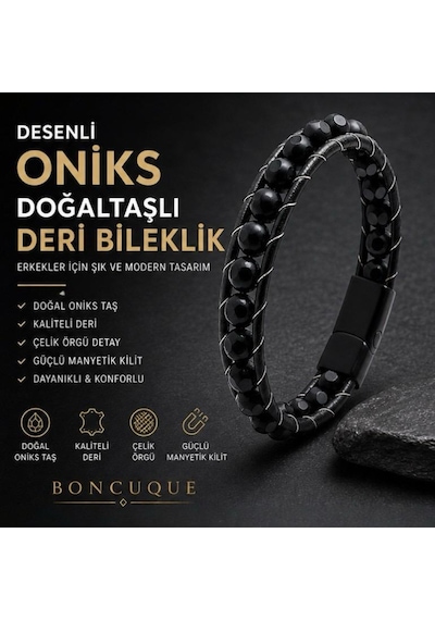 Oniks Taşlı Erkek Deri Bileklik Çelik Halat Örgü, Premium Siyah Bileklik