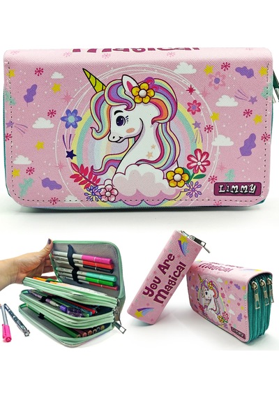 Kalem Kutusu Unicorn Bahar Temalı Kawai Organizer Kalemkutu Vegan Deri Üç Bölmeli Kalemlik