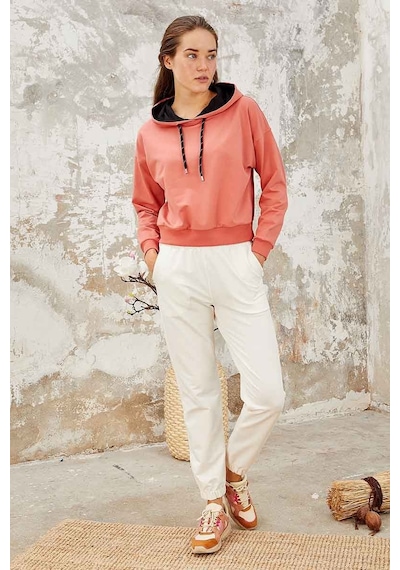 Tommy Life Pudra Uzun Kol Rahat Form Kapüşonlu Kadın Sweatshirt - 97115 Pudra