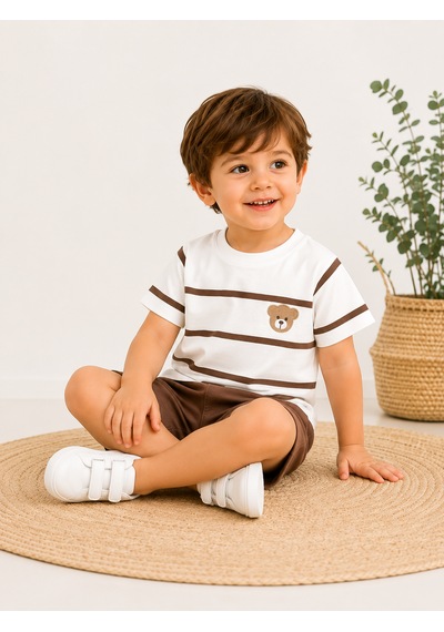 Tucankids Erkek Çocuk Ayıcık Nakışlı Çizgili Şortlu 2'li Takım 1-4 Yaş Kahverengi