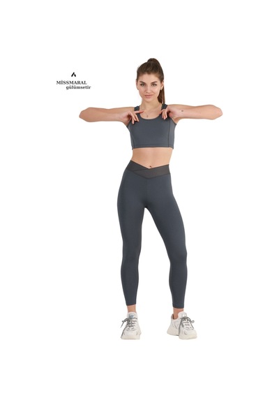 Missmaral Kadın Yüksek Bel Antrasit Bilek Boy Tayt Özel Üretim Çapraz Kemer Cross Waist 1011 Antrasit