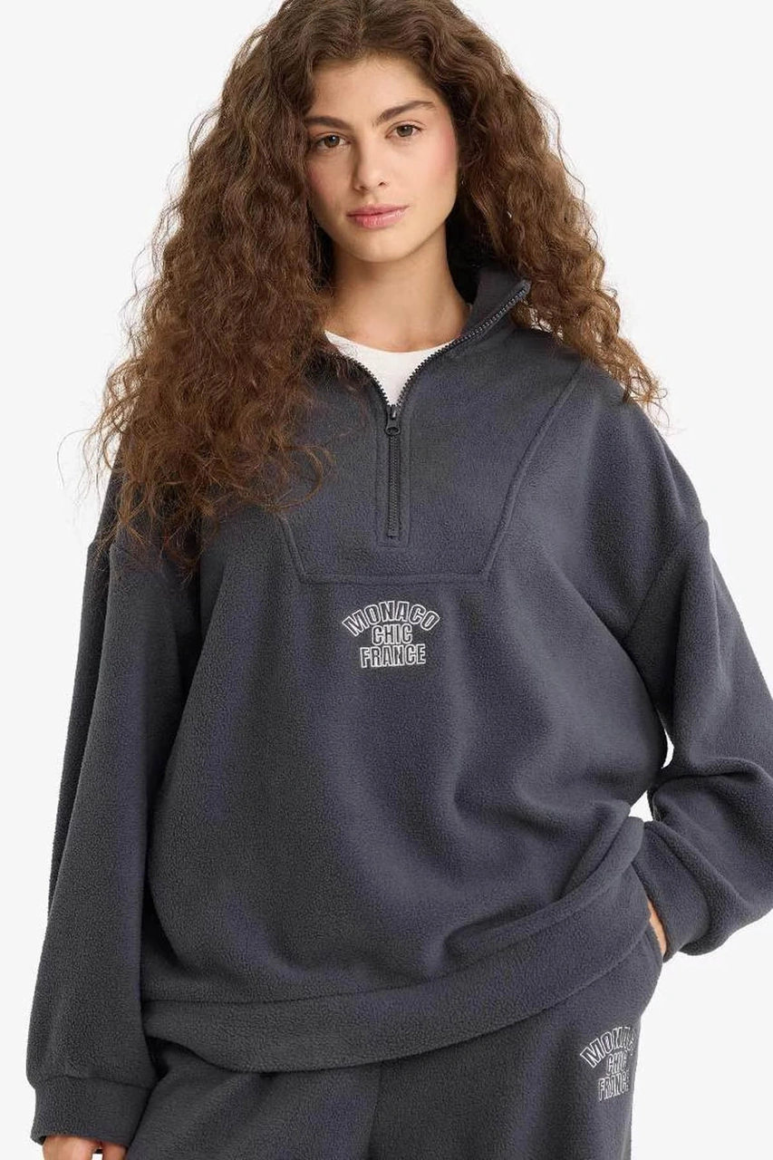 Defacto Oversize Dik Yaka Fermuarlı Baskılı Polar Antrasit Kadın Sweatshirt Y2649az/ar191 Antrasit