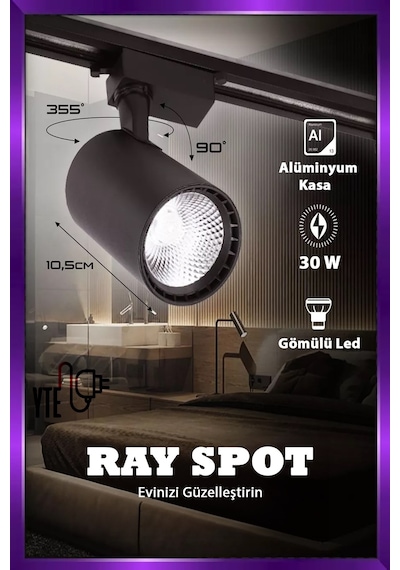 Gün Işığı 30w Siyah Kasa Ray Spot 3 Adet 1 Metre Ray Beraber Set Halinde Siyah - Altın