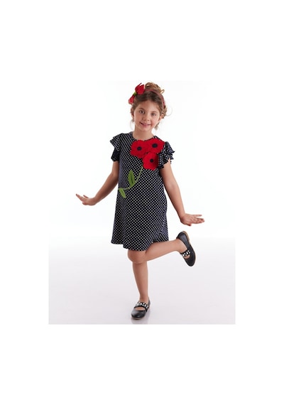 Denokids Mushi Çiçekler Puantiyeli Kız Elbise Siyah