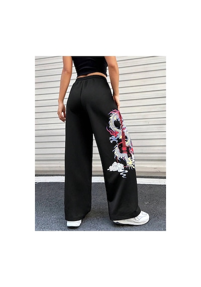 Tarzsokak Coolane Dragon & Guitar Print Drawstring Waist 4 Mevsim Eşofman Siyah