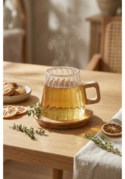 Makri Home Bambu Altlıklı Çizgili Desenli Şeffaf Cam Kupa 300 Ml Çok Renkli