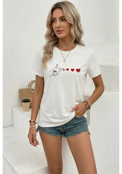 Wear Vexel Kadın Minimal Kalp İşaret Baskılı Tişört Kısa Kol Yazlık T-shirt - Beyaz Beyaz