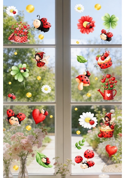 Uğur Böceği Çift Taraflı Cam Sticker Seti 44 Parça Sevimli Papatya, Kalp Ve Peri Figür Cam Sticker Dijital Baskı