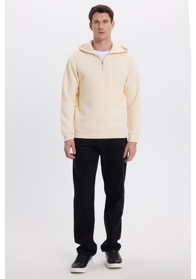 Tudors Unisex Relax Fit Rahat Kesim Pamuklu İçi Polarlı Yarım Fermuarlı Taş Kapüşonlu Sweatshirt-37028