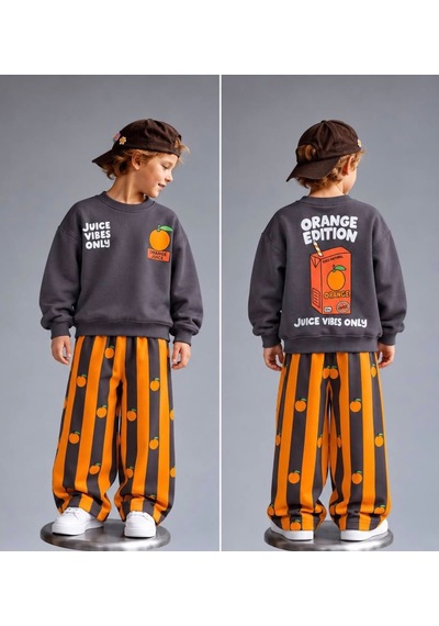 Juice Vibes Only Baskılı Sweatshirt Portakal Desenli Çizgili Alt Üst Takım 3iplik Siyah