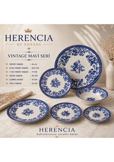 Herencia Vintage Mavi Seri Porselen Sofra Takımı Beyaz