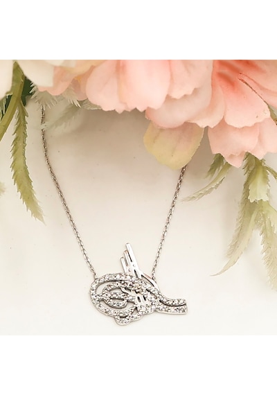Taşlı Tuğra Kolye Rose - Gold -  Gümüş