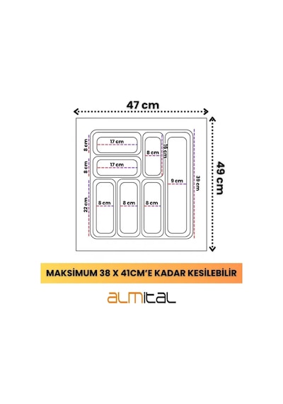 47x49 Cm. 7 Gözlü Beyaz Çekmece Içi Kaşıklık 44 40 Cm'e Kadar Kesebilirsiniz Beyaz