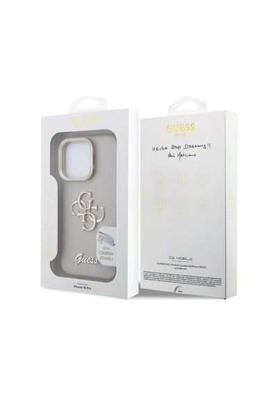 Apple iPhone 16 Pro Uyumlu Kılıf Guess Lisanslı Grained Yazı Logolu Kamera Standlı Kapak Bej