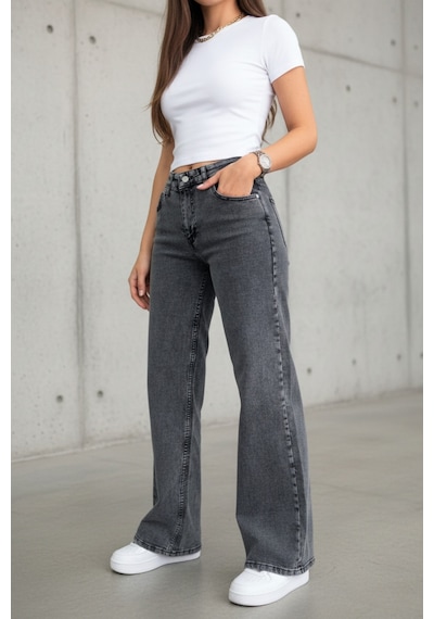 Woddi Nova Kadın Yüksek Bel Füme Salaş Jeans Wide Leg Geniş Paça Palazzo Kot Pantolon
