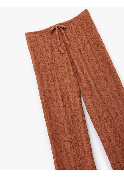 Koton Beli Bağcıklı Dokulu Uzun Bol Paça Pantolon Kahverengi 6wak40058ek Kahve