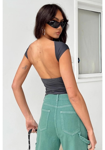 Madmext Füme Sırt Dekolteli Crop Kadın Bluz Mg1851-füme Füme