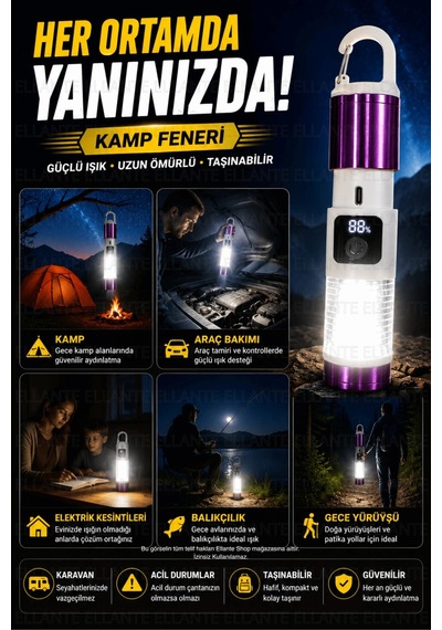 Şarjlı Kamp Feneri Usb Type-c 500 Lümen Dijital Pil Göstergeli Led El Feneri Zoomlu Kamp Ve Acil Dur Çok Renkli