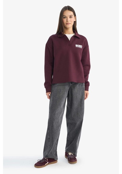 Defacto Coool Oversize Geniş Kalıp Polo Yaka Baskılı Sweatshirt G3721ax25wnbr171 Bordo-br171