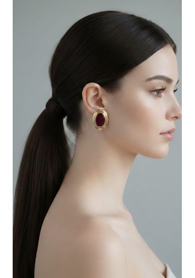 Vintage Gold Oval Siyah Taşlı Küpe - Retro Şıklık Kırmızı