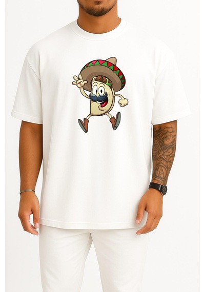 Bahriyeli Collection Oversize Taco Mexican Cuisine Cartoon Göğüs Tasarımlı Unisex T-shirt Beyaz
