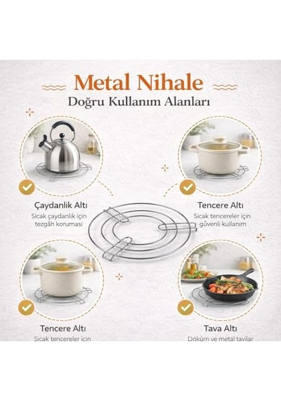 Ayrex Vıvaluxe Paslanmaz Çelik Yuvarlak Metal Nihale, Isıya Dayanıklı Tencere, Çaydanlık Ve Tava Altlığı, Kayma Genel