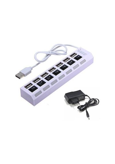 7 Port Usb Hub Çoklayıcı Anahtarlı Switch Işıklı Beyaz Adaptörlü (533634728)