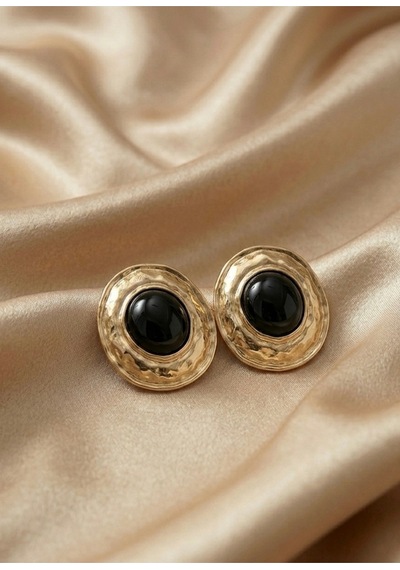 Siyah Taşlı Gold Detaylı Çelik Kadın Küpe Siyah - 868800786 Siyah
