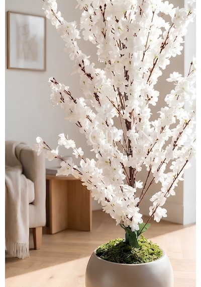 Yapay Beyaz Sakura Kiraz Çiçeği Ağacı 120 Cm - Küre Plastik Saksılı 27x33 Cm Saksı