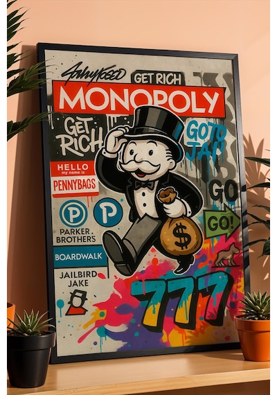 Monopoly Get Rich Çerçeveli Tablo Angel Number 777 Genç Girişimci Yatırımcı Ofisi Dekoru Street Art