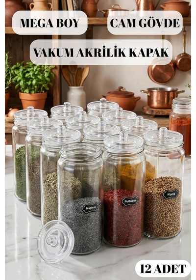 12 Adet Vakum Kapaklı Büyük Boy Cam Baharatlık Seti 500 Ml Çok Renkli