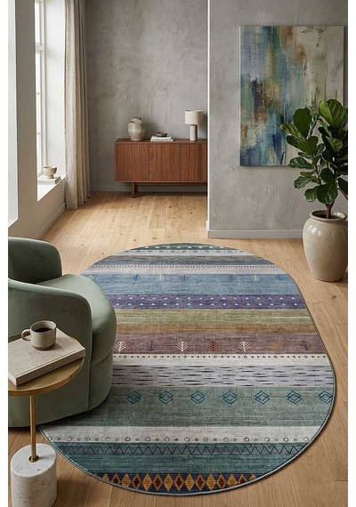 Etnik Kilim Desenli Pamuk Taban Yıkanabilir Baskılı Oval Halı Mavi
