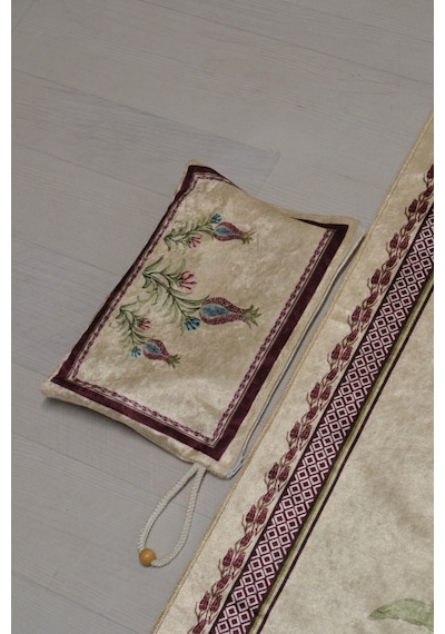 Çantalı Fermuarlı Lale Desenli Seccade Lila L005 Krem