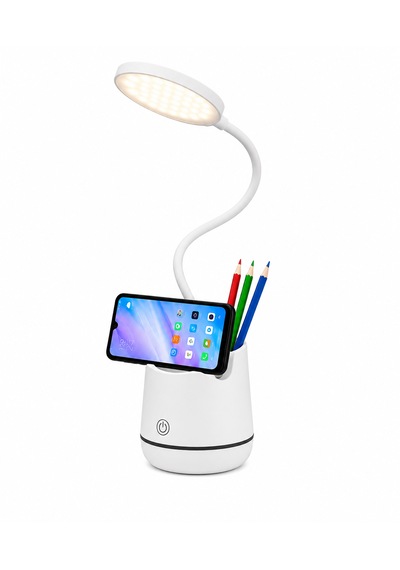 Şarjlı Led Masa Lambası Dokunmatik 3 Modlu Telefon Tutuculu Kalemlik Organizerli Esnek Gövdeli Çalışma Lambası Beyaz