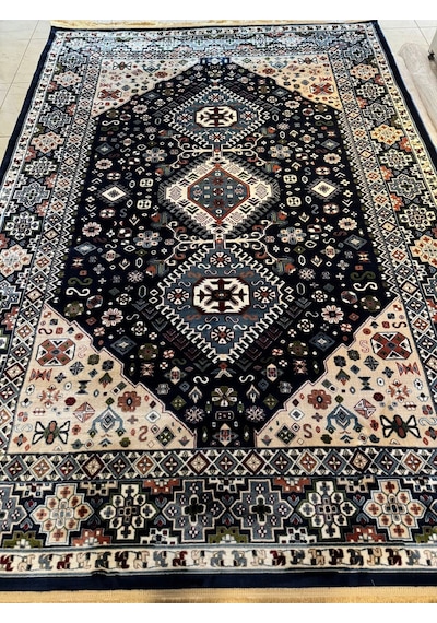 Asaryün Halı Ipek H4320al Lacivert İpeksi Geleneksel Renkli Göbekli Klasik Desen Salon Halısı Modern Renkli