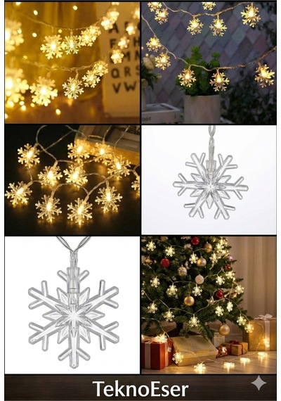 Kar Tanesi Led Işık Zinciri 5 Metre Pilli Noel Yılbaşı Dekorasyon Şeffaf Kablo 28 Led