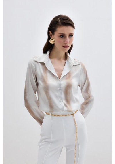 Sateen Desenli Klasik Gömlek - Bej-136004 Bej