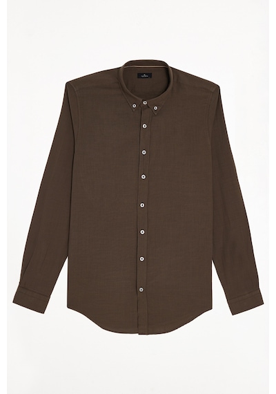 Tudors Erkek Slim Fit Dar Kesim %100 Pamuk Düğmeli Yaka Flam Keten Haki Gömlek-50274
