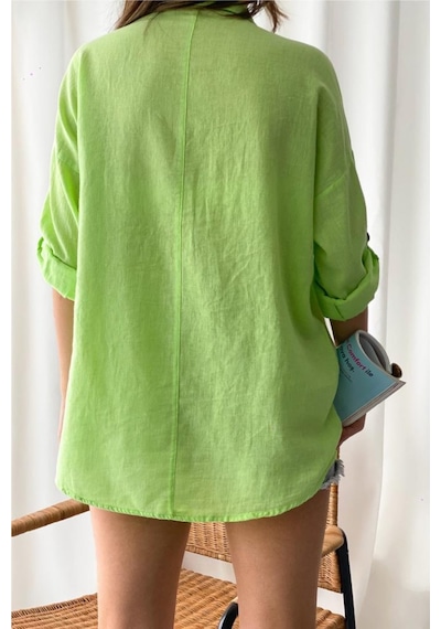 Femelle Kadın Neon Yeşil Ahşap Çift Cepli Salaş Geniş Kalıp %65 Pamuk %35 Keten Gömlek Femelle Kadın Neon Yeşil Ahşap Çift Cepli Salaş Geniş Kalıp %65 Pamuk %35 Keten Gömlek