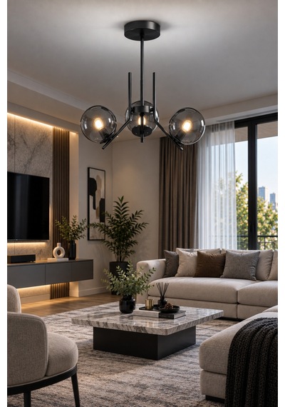 Aura Modern Tasarımlı 3'lü Siyah Renkli Füme Camlı Salon, Mutfak, Oturma Odası Avizesi