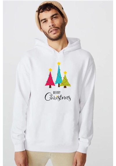 Merry Christmas Beyaz Erkek 3ip Kapşonlu Sweatshirt Beyaz