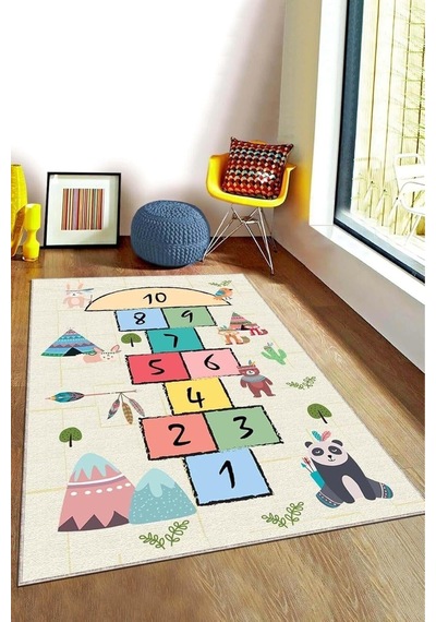 Viva Home Makinede Yıkanan Kaymaz Taban Seksekli Çocuk Halısı Ar757, Kemik, 80 X 150 Diğer