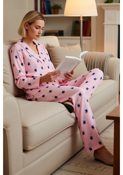 Benerly Kadın Gömlek Yaka Uzun Kol Regular Kalıp Dokuma Pijama Takımı Fon Pembe