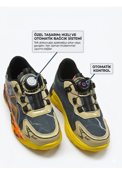 Mcdark Çocuk Otomatik Bağcıklı Figürlü Sneaker Ayakkabı-siyah Sarı