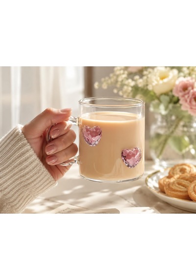 3d Pembe Kristal Kalp Figürlü Şeffaf Cam Kupa Romantik Kalp Kulplu Dekoratif Bardak çok renkli