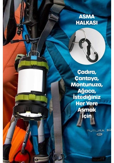 6 Mod Şarjlı Kamp Lambası El Feneri Powerbank Özellikli Su Geçirmez Led Işıldak Yeşil 47703 Gri