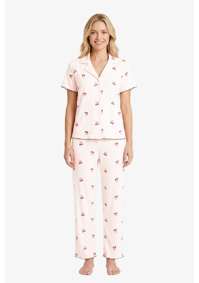 Cottonhill Krem Kiraz Desenli Pointel Gömlek Yaka Kadın Pijama Takımı